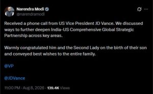 पीएम मोदी ने अमेरिकी उपराष्ट्रपति से की फोन पर बातचीत, भारत-अमेरिका संबंधों को और मजबूत करने पर जोर